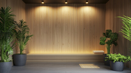 Wall Mural - serene spa interior featuring wooden walls, soft lighting, and lush plants creates calming atmosphere for relaxation