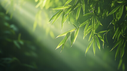 Canvas Print - Serene bamboo forest with sunlight filtering through green leaves, creating tranquil atmosphere