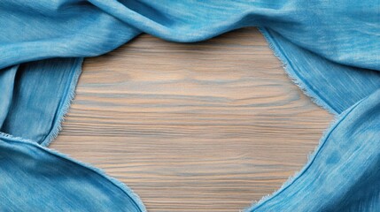 Poster - Blue Fabric Draped Over Wooden Surface with Textured Background