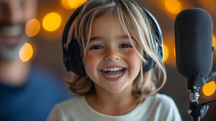 Wall Mural - Young girl wearing headphones is smiling and looking at the camera. She is wearing a white shirt and she is happy