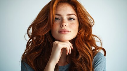 Wall Mural - Woman with red hair and freckles is posing for a picture. She has a thoughtful expression on her face and is wearing a gray shirt