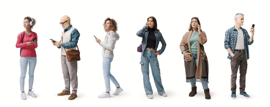 Group of ordinary people using their smartphones