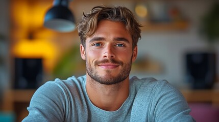 Wall Mural - Man with a beard and a smile is sitting in front of a lamp. He is wearing a gray shirt and a gray hat