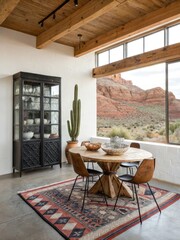 Poster - Modern Rustic Dining Space With Scenic Desert View. Generative AI