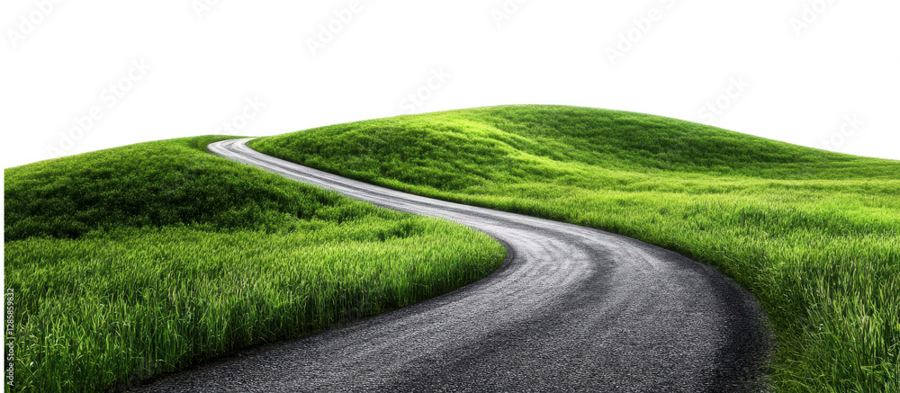 Winding Road Through Green Hills: An asphalt road gracefully curves ...