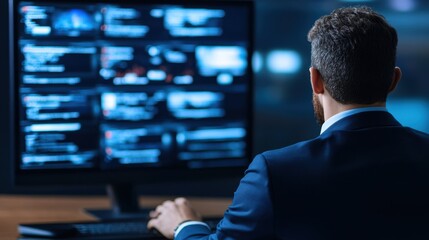 Wall Mural - businessman analyzing data on computer screen in modern office environment with advanced technology 