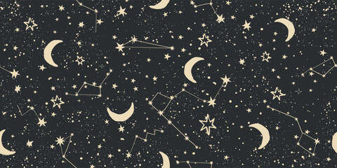 Wall Mural - Seamless sky pattern with stars and moon on black background, astrology background for zodiac signs, tarot vector art, boho packaging. Magic space background.