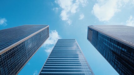 Wall Mural - Modern Skyscrapers Against Blue Sky with Clouds in Urban Cityscape, Tall Buildings Stretching Towards Horizon