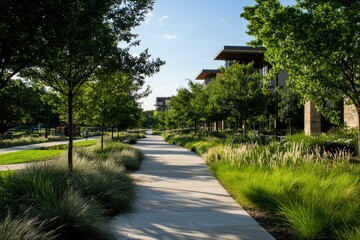 Sticker - Paved walkway through lush green park with modern buildings, ideal for urban landscape projects