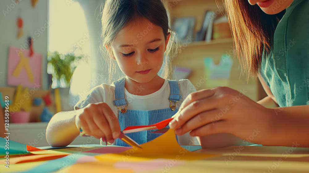 and parent working together on a simple papercraft project with safety ...