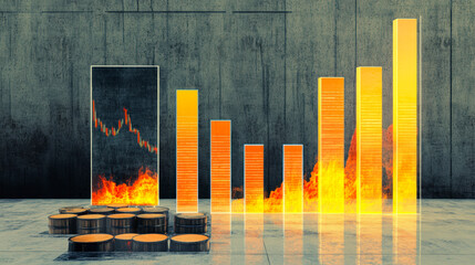Sticker - image depicts a financial growth concept with increasing bar graph and digital flames, symbolizing m