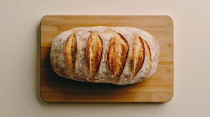 Wall Mural - Freshly baked sourdough bread loaf on wooden board, white background