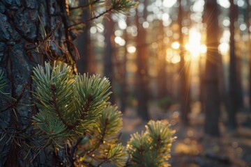 Wall Mural - pine tree needles bathed in golden sunlight, sunbeams filtering through a forest, serene nature scen