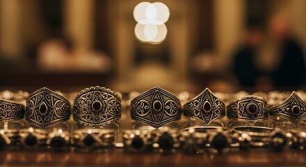 Ornate Silver Rings with Red Gems Displayed for Sale, Antique Jewelry