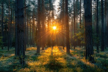 Wall Mural - sunrise illuminates a dense pine forest, golden rays piercing through the trees, creating a magical 