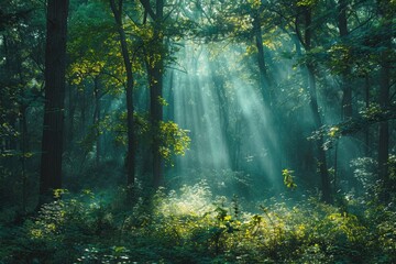 Wall Mural - sunbeams pierce a mystical, fog-laden forest, illuminating the lush green canopy and undergrowth.