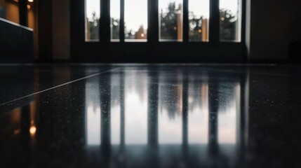 Wall Mural - Shiny floor reflecting window view of trees at sunset in a modern building