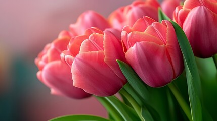 Wall Mural - Bouquet of pink tulips with green leaves. The flowers are arranged in a vase and are the main focus of the image. Scene is one of beauty and elegance