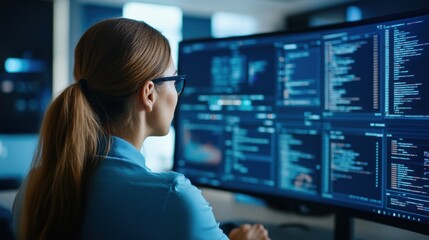 Wall Mural - female programmer analyzing code data on computer screens in modern office environment