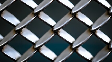 Close up of a silver chain link fence. The fence is made of metal and has a diamond pattern. The image has a sleek and modern feel to it, with the silver metal