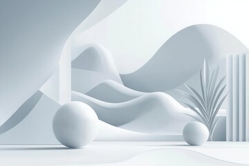 Wall Mural - minimalist geometric composition with subtle gradient shifts between white and grey organic flowing 