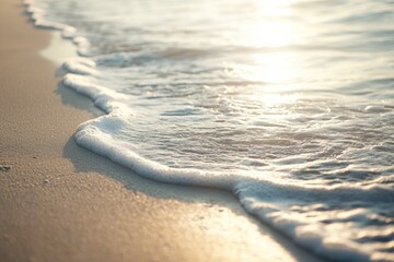 Poster - A close-up view of a wave crashing onto the sandy beach, ideal for use in travel or vacation-themed designs