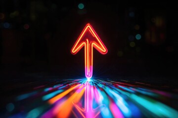 Wall Mural - a neon arrow shining bright in a dark environment, often used as a directional sign or symbol of gui