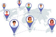 © aprint22com - International community people from different countries, marked on global map with GPS tags. International group students studying together at online university and receiving online education