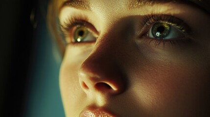 Wall Mural - A close-up shot of a woman's face with striking green eyes