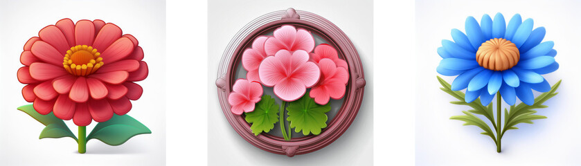 Poster - Three floral illustrations on a white backdrop feature a red flower, pink flowers in a frame, and a blue flower, each with green leaves and a yellow center.