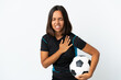 © luismolinero - Young football player woman isolated on white background having a pain in the heart
