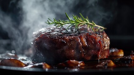 Wall Mural - Freshly cooked steak served with a sprig of rosemary, perfect for a dinner plate or food blog