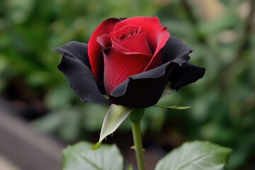 Canvas Print - A single black and red rose blooms in a garden, surrounded by greenery