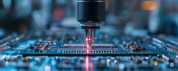 Poster - Precision robotic arm placing components on a circuit board in a hightech manufacturing plant, with automated machinery performing intricate tasks in modern industrial environments