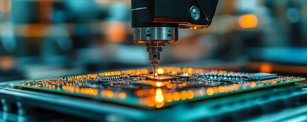 Poster - Precision robotic arm placing components on a circuit board in a hightech manufacturing plant, with automated machinery performing intricate tasks in modern industrial environments
