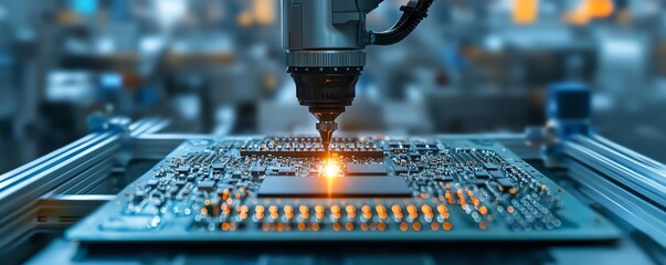 Poster - Precision robotic arm placing components on a circuit board in a hightech manufacturing plant, with automated machinery performing intricate tasks in modern industrial environments