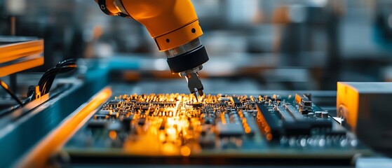 Poster - Robotic arm performing intricate work by placing components on an electronic circuit board in a modern manufacturing plant