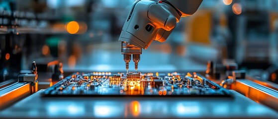 Poster - Robotic arm performing intricate work by placing components on an electronic circuit board in a modern manufacturing plant