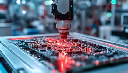 Poster - Robotic arm precisely placing components on an electronic circuit board in a modern manufacturing plant