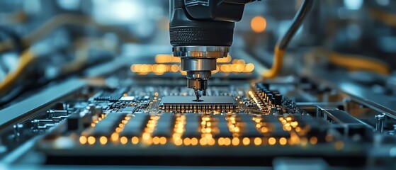 Poster - Robotic arm precisely placing components on an electronic circuit board in a modern manufacturing plant