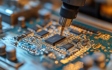 Poster - Automated robotic arm placing components on an electronic circuit board in a modern manufacturing facility