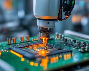 Leinwandbilder - Automated robotic arm placing intricate components on an electronic circuit board in a modern manufacturing facility