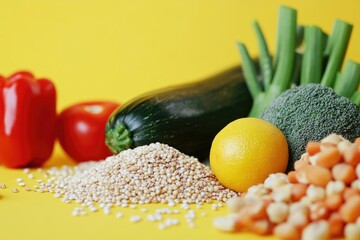 Sticker - A colorful arrangement of fresh vegetables and grains on a bright yellow surface