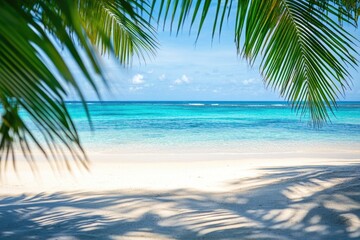 Wall Mural - a serene beach scene with a palm tree shading the water's edge, perfect for travel or nature-inspire