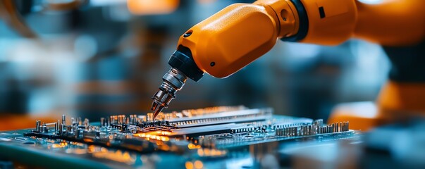 Poster - Hightech robotic arm assembling components on a circuit board in a modern manufacturing plant