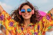 © kvladimirv - Vibrant Summer Joy: Happy Woman in Floral Outfit with Headphones and Sunglasses at the Beach