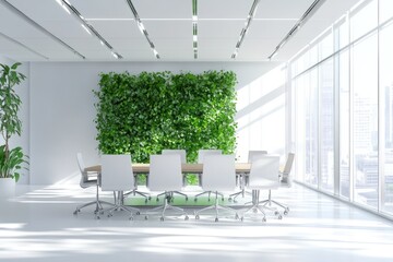 Wall Mural - A modern conference room with white chairs and a green wall, ideal for corporate meetings or presentations