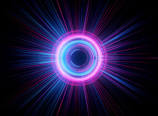 Wall Mural - circular glowing circle with radiant blue and pink beams emanate from the center against a dark back