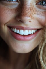 Wall Mural - Close-up photo of a woman's face with distinct freckles, great for beauty and personal use