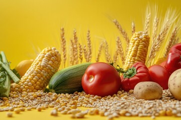 A selection of fresh vegetables and grains arranged on a table for display or serving